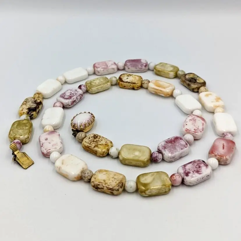 Vintage Milk Art Glass Necklace Made Austria Box Clasp Pastel Tones Vintage 24"
