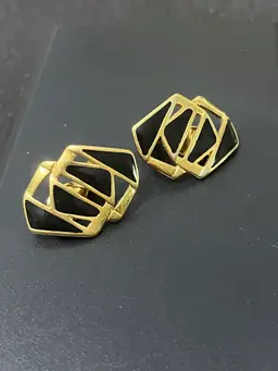 60) Vintage Monet Black Enamel Goldtone Clip On Earrings