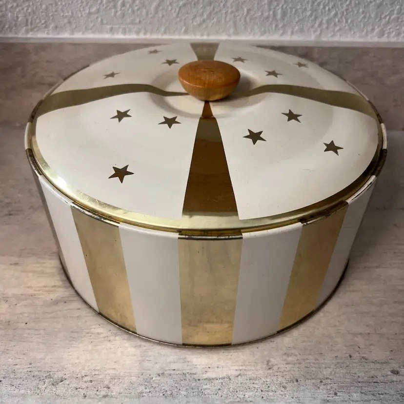 MCM Guildcraft Gold Stars & Striped Insulated Tin W/ Teak Handle 11x6”