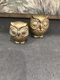 Vintage Small Brass Owls With Patina Set Of 2