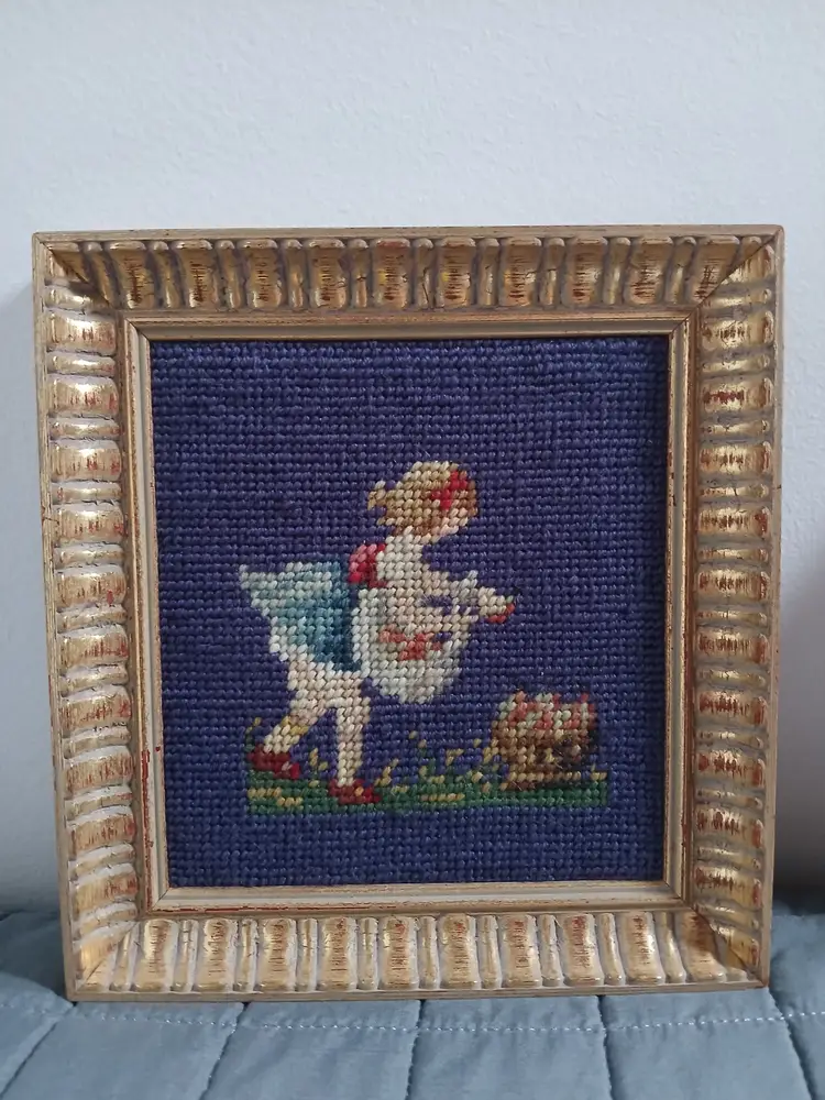 Vintage Pair Needlepoint Framed Children Boy & Girl Wall Art