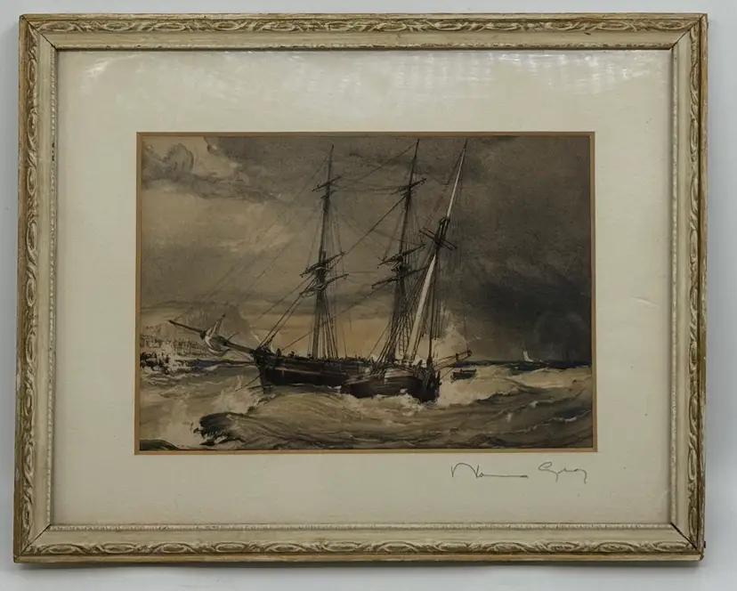 Vintage Norman Gray Sailing Ship Print - Framed Mid-Century Maritime Art