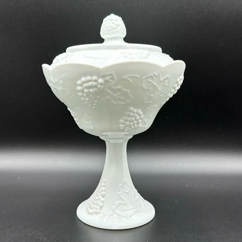 Indiana Colony Glass Co Lidded Harvest Grape Milk Glass Pedestal Bowl