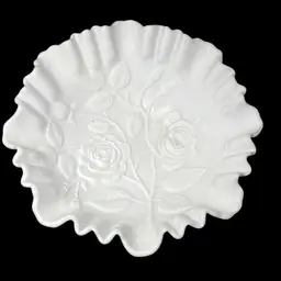 10. Imperial Milk Glass Bowl Embossed Rose Show Design Matte Finish Ruffled Vintage 8” Wide 3” Deep