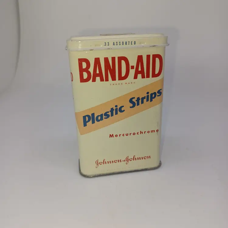 Vintage Johnson & Johnson Band-Aid Metal Box Tin Plastic Strips Mercurochrome Circa 1960's