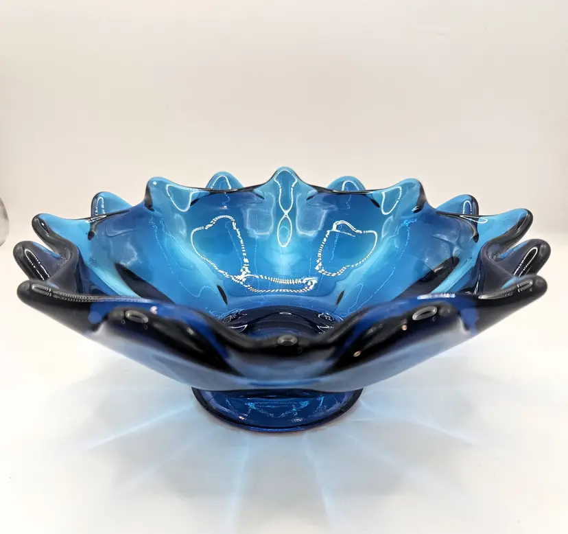 Vintage Viking Bluenique Glass Double Petal/Flame Edge Bowl, 6.75" wide x 3" tall