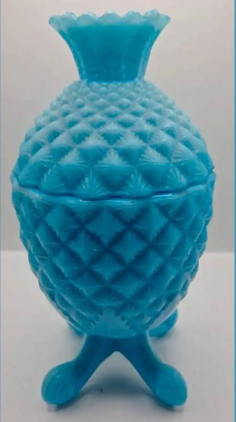 Antique 1920s Portieux Vallerysthal French, Blue Opaline Pineapple Jar