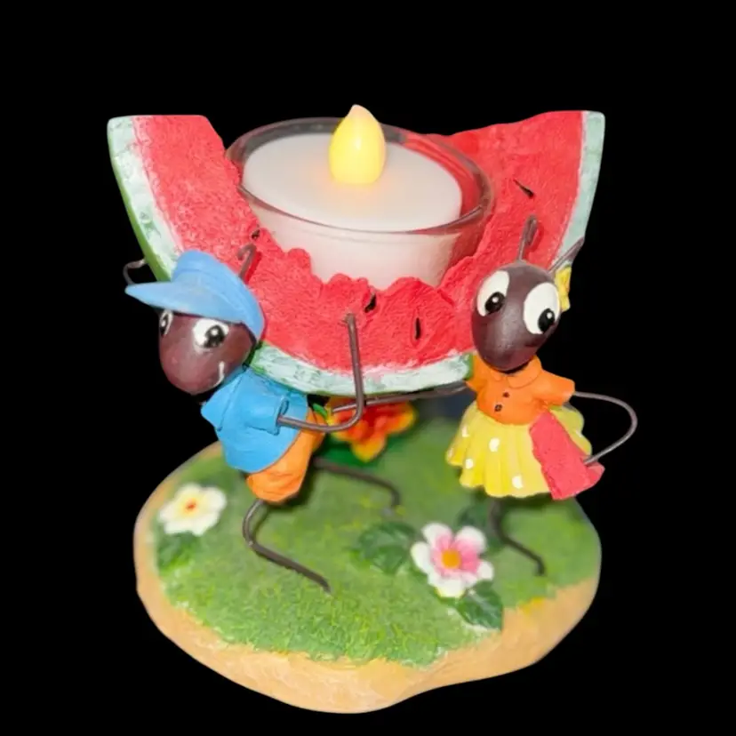 Tea Light Holder Yankee Candle Figurine Anthropomorphic Ants Carrying Watermelon Slice  Flowers Picnic Summer Woodland Nature
3-1/2” T x 3-1/2” L x 3” W