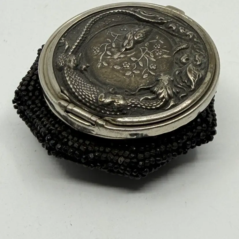 Antique Tam O Shanter Black Beaded Change Purse W Dragon & Sparrow Silver Tone