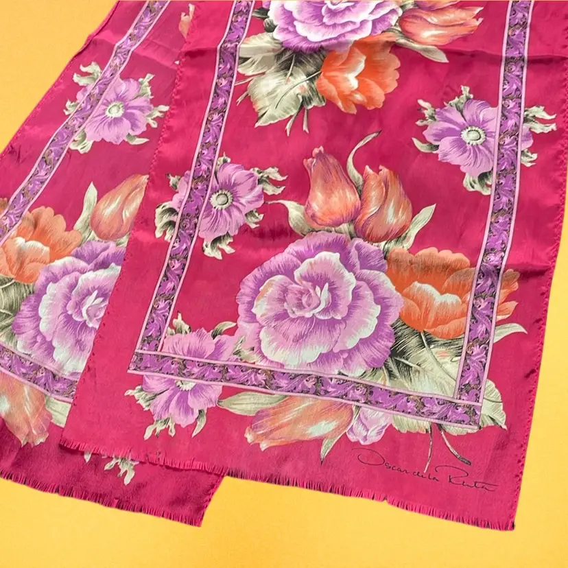 Oscar De La Renta Hot Pink Rose Flowers Oblong Scarf 53.5"x11.5"