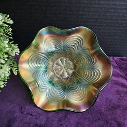 Antique Fenton Green Carnival Glass Peacock Tail Ruffled Top Hat Bowl 6"