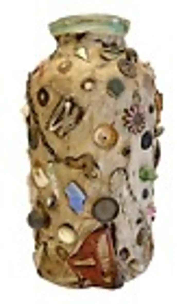 Memory Jar Jug Crock Handmade Keepsake Glass Buttons Chain Picture 9 In Tall Vtg