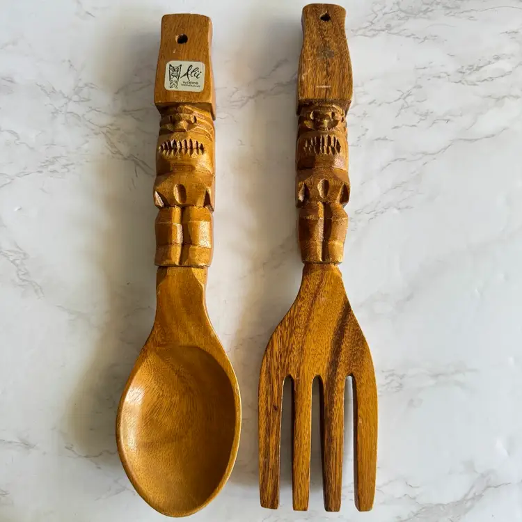 Vintage Alii Woods Honolulu 12" Wooden Salad Serving Spoon Fork Carved Kitchen Wall Decor
