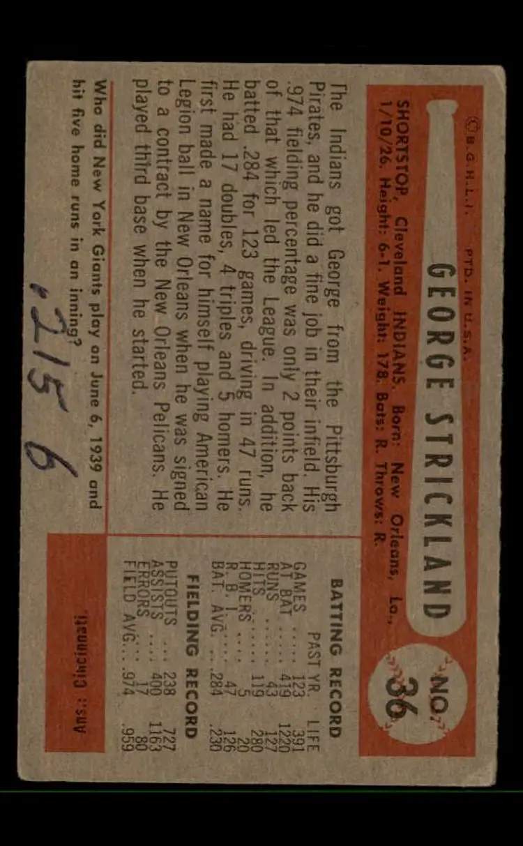 1954 Bowman #36 George Strickland - (pk-tl3) - Cleveland Indians