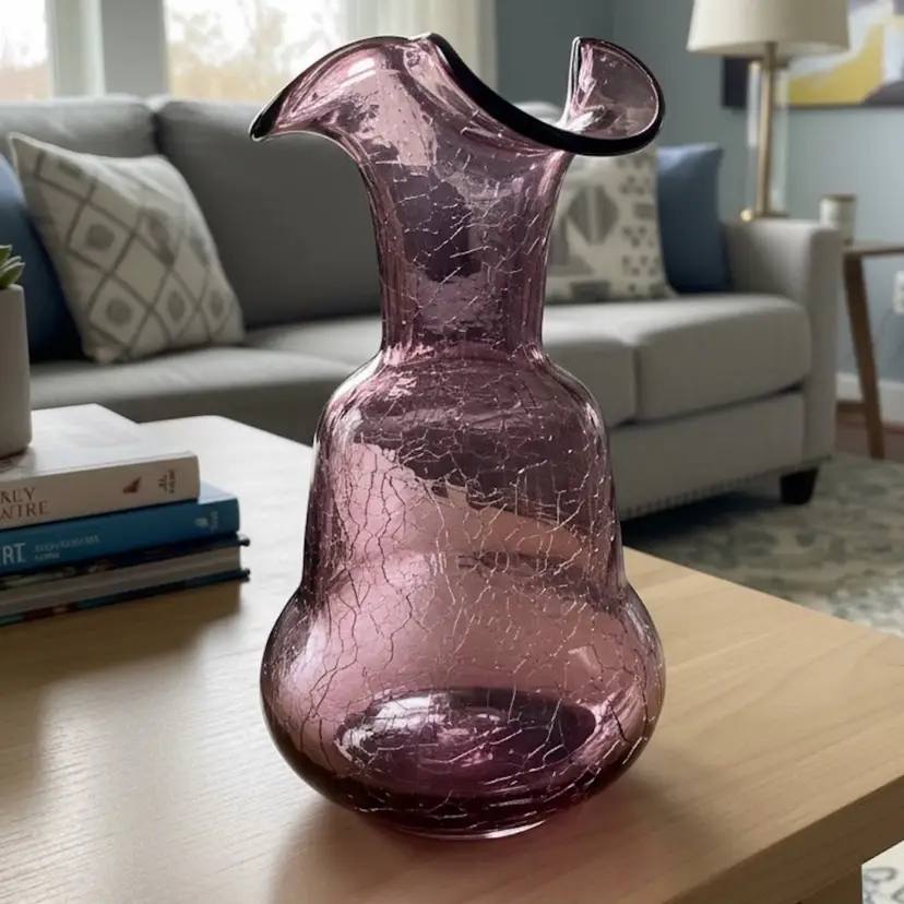 #14 Vintage purple crackle glass vase featuring a ruffled rim. 5” tall