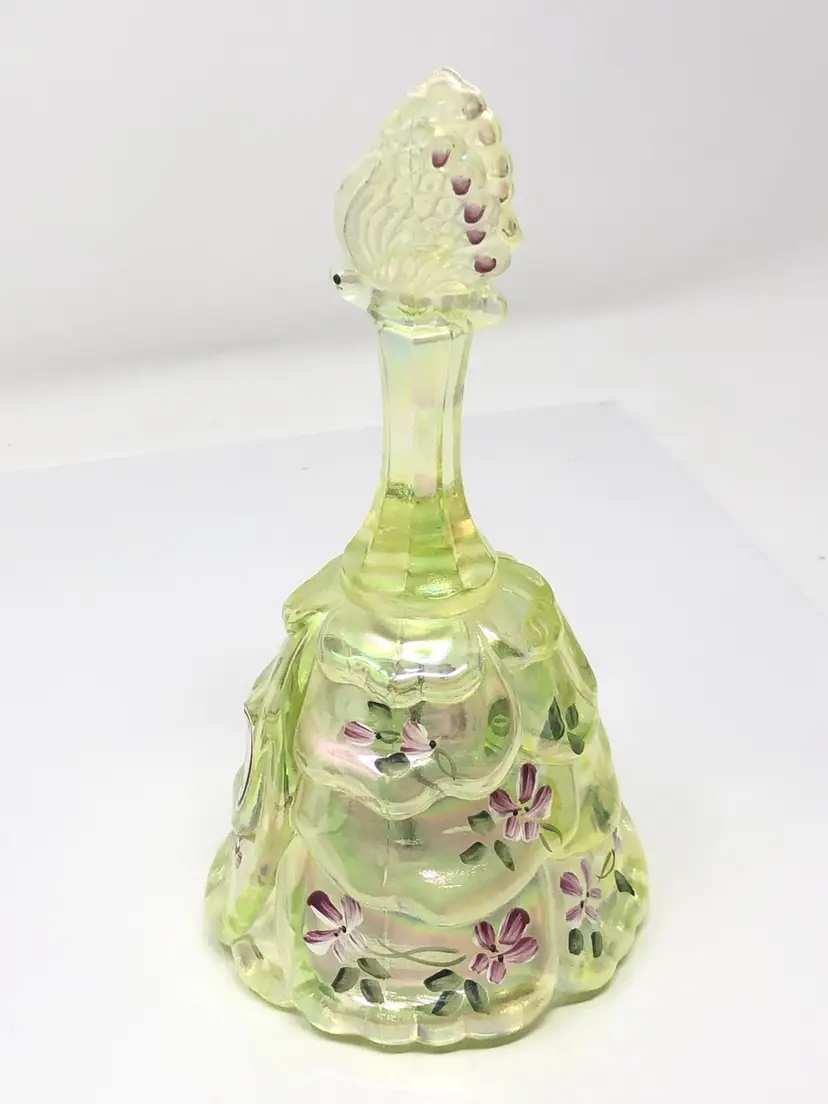 Fenton Glowy Topaz Drapery Bell with Butterfly Finial Hand Painted by Marilyn Wagner