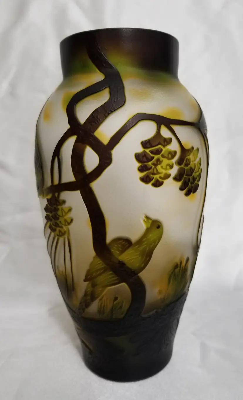 Vintage Cameo Glass Bird and Branch Vase