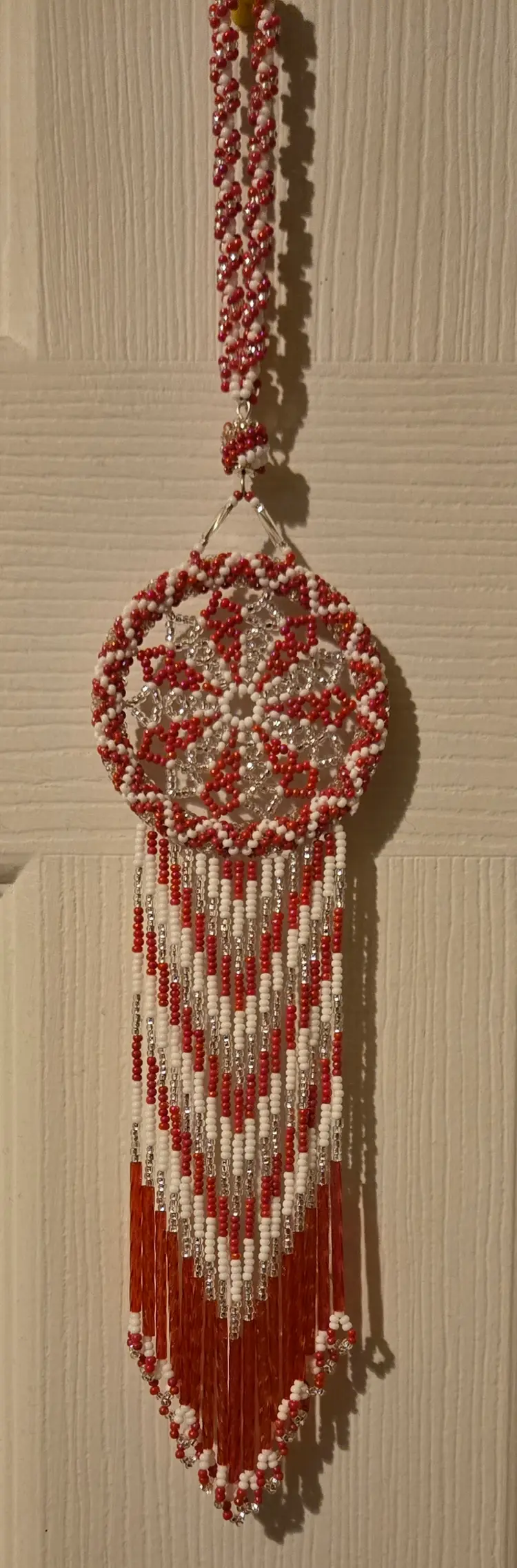 Beaded Dream Catcher Red White Peppermint Swirl