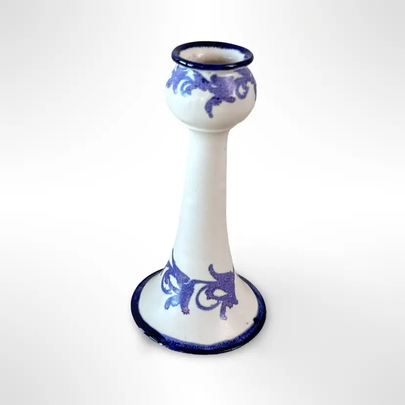 Vintage Clouds Folsom Pottery Candle Holder Blue & White Design 6.5” Tall