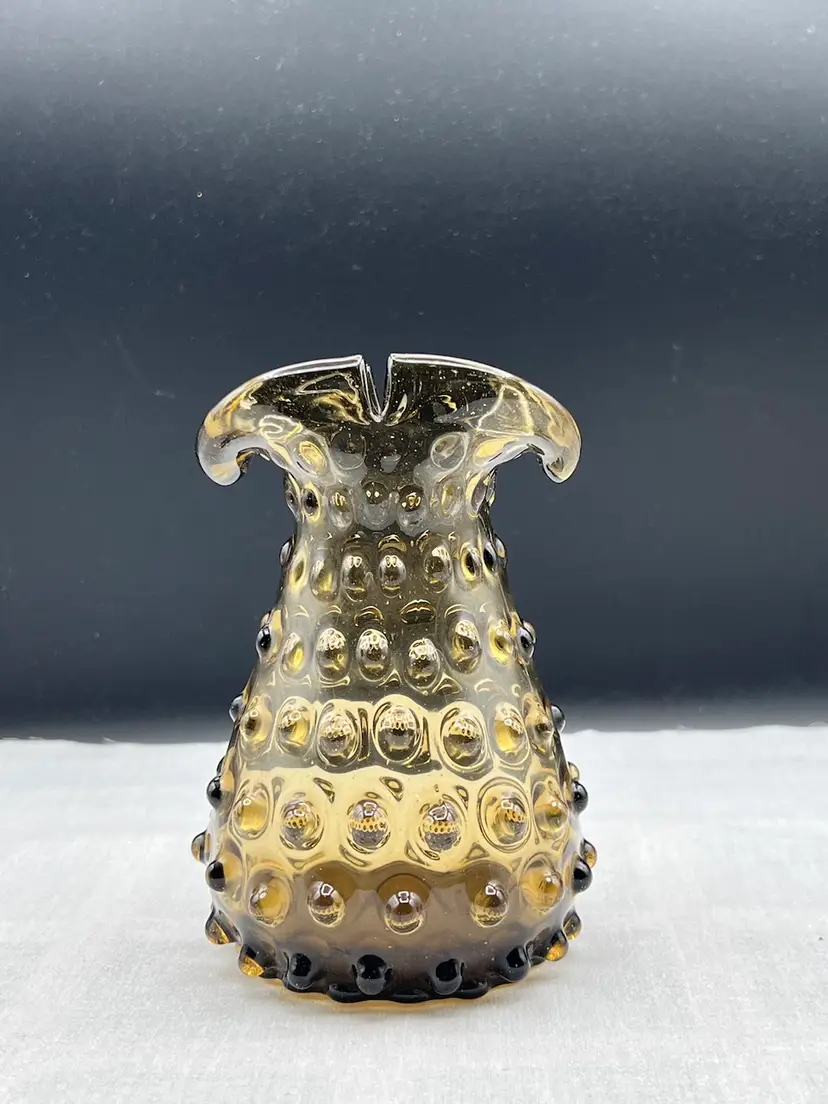 As Is Vintage MCM Hand Blown Smokey Brown Hobnail Glass Split Lip Vase