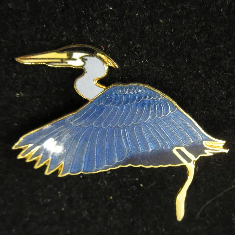 Vintage WM Spear Enamel on Gold tone Metal Great Blue Heron Bird Figural Brooch Pin Signed  1988 - 1.5 Inches Wide