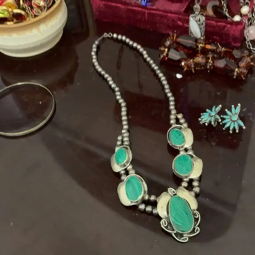 Stainless Steel Made In Mexico Faux Malachite Stone Necklace