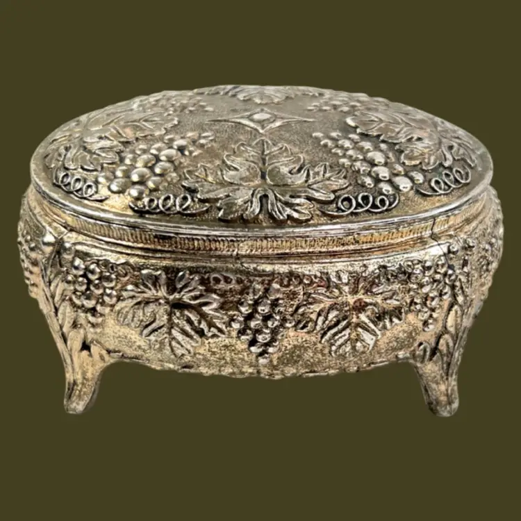 Grape Leaf & Vine Silver- tone Lidded & Footed Jewelry Trinket Box. Bright red velvet lining. Marked Japan.