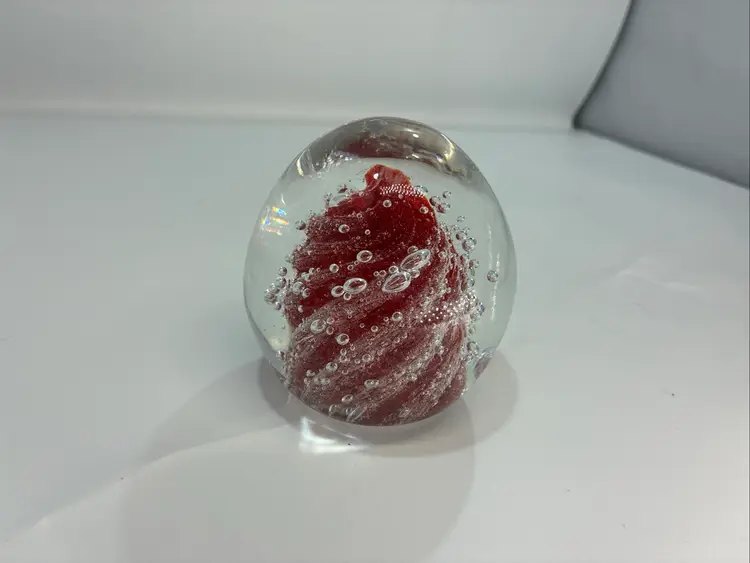 hand blown art glass paperweight red and bubble swirl 3.5” Tall