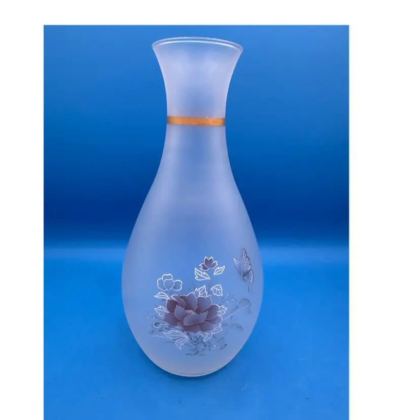 Hand Painted Satin/Frosted Glass Peony And Butterfly Vase/ Decanter Gold trim, Italy