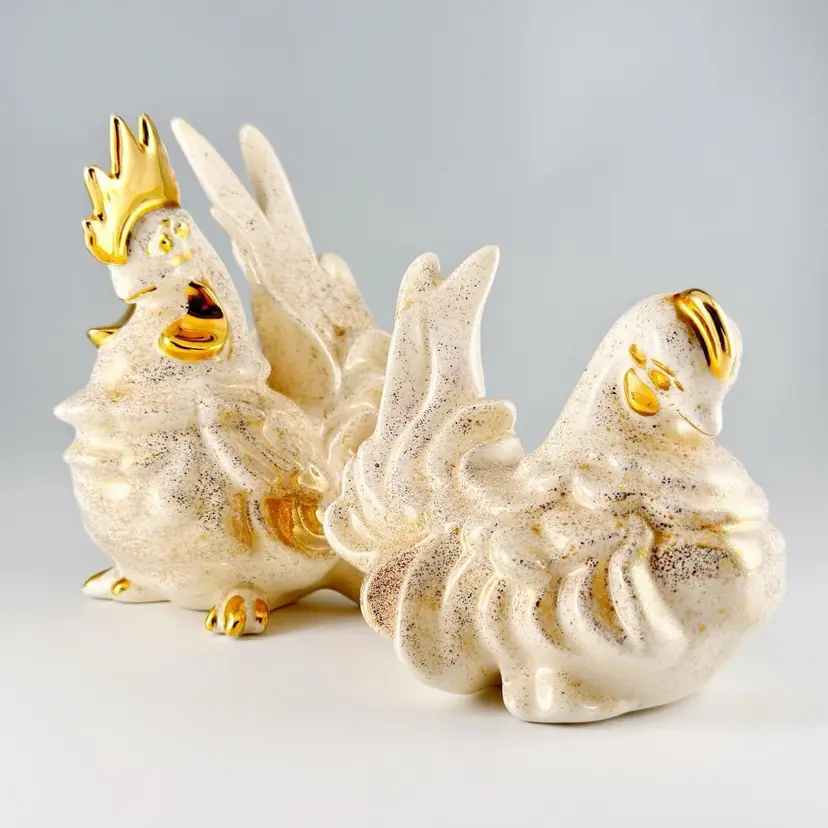 Freeman McFarlin CA Pottery Rooster & Chicken Figurines Hand Painted Ceramic Vtg