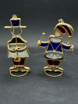 2 Danbury Mint Drummer Boy  Horn Player Stained Glass Metal Christmas Ornament