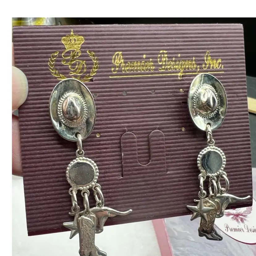 #258A Vintage Premier Designs Western Theme Post Dangle Earrings. Cowboy Hat, Boot, Texas Longhorn Head And Star