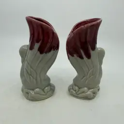 Vintage Pair Set Of 2 Shawnee Art Pottery Imperial Swan Bud Vases Dark Plum Maroon And Gray Drip Glaze Marked USA 725