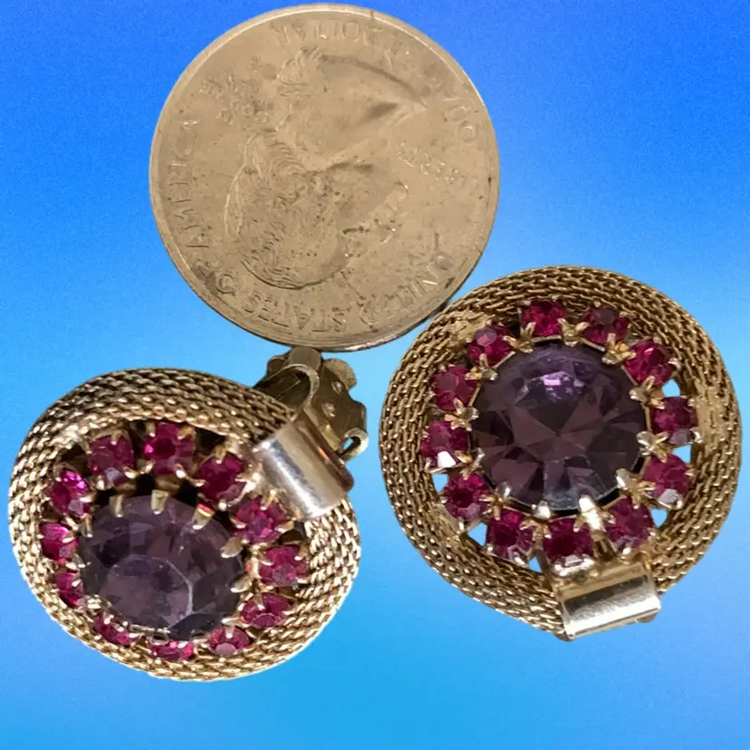 #29 - WEISS  Clip -on Earrings With  Large  Center Purple Rhinestone Surrounded By Smaller Red RhinestonesAnd Light Gold Tone Mesh