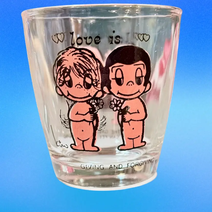 Vintage Love is... Giving And Forgiving Kim Casali Cartoon Los Angeles Times 6oz Retro Glass (1970s)