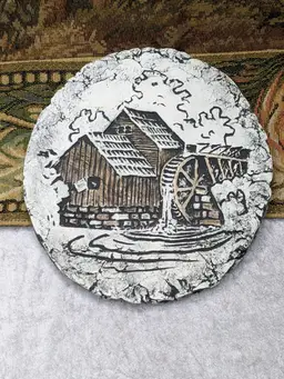 Shapes Of Clay By STAN 7" Mt Saint Helens Ash Old Mill Waterwheel Hanging plaque Signed #18 with Tags Gift White Gray Cabin Christmas