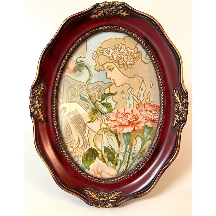 Baroque Style Burgundy Gold Color Ornate Oval Photo Picture Frame 8.2x6.2 in