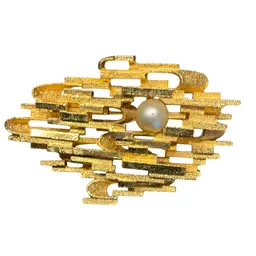 Brutalist Gold Tone With Shiny And Matte Finish And Faux Pearl Brooch.