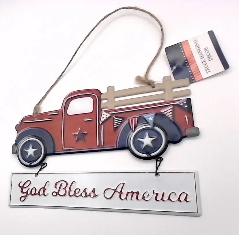 Americana Hanging Blue Tin Truck God Bless America new with tags