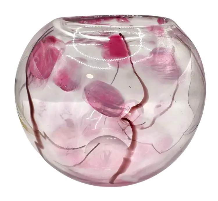 Art Glass Fish Bowl Globe Vase Pink Cherry Blossom Branch Design Round Clear 7”