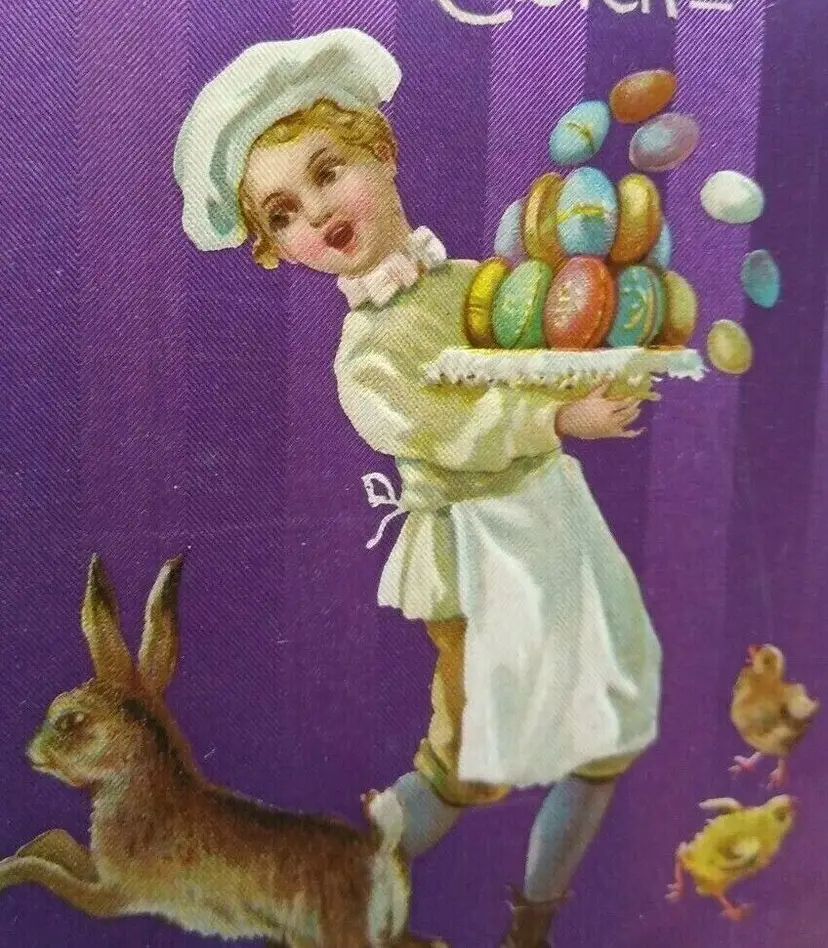 Easter Postcard Zimmerman Purple Linen Stripes Chef & Bunny Series 8003 Unused