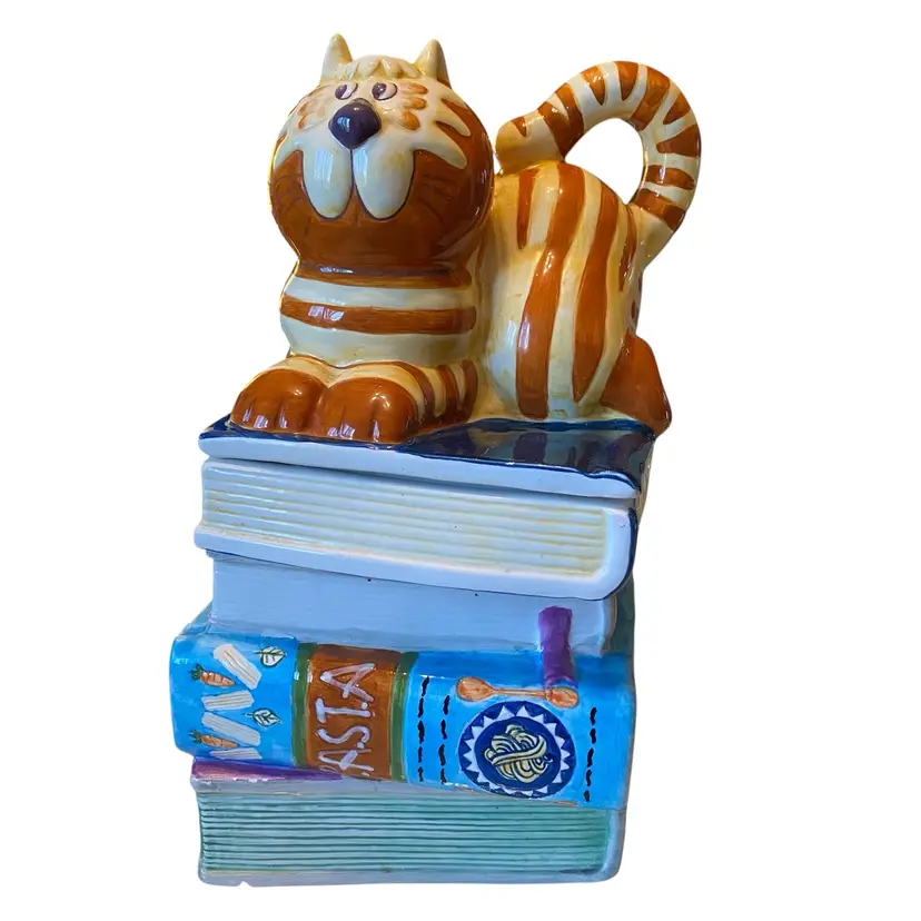 Bico Cat On A Stack Of Cook Books Ceramic Cookie Jar