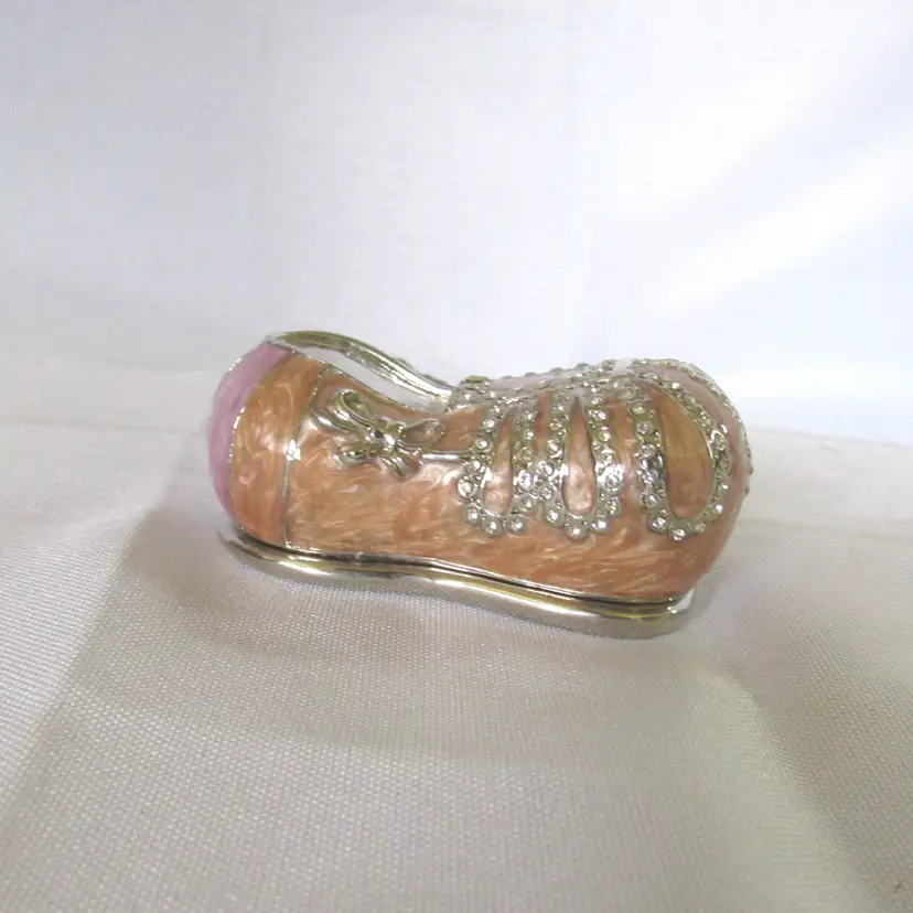 Vintage Bejeweled Pink Enamel Slipper Metal Trinket Box