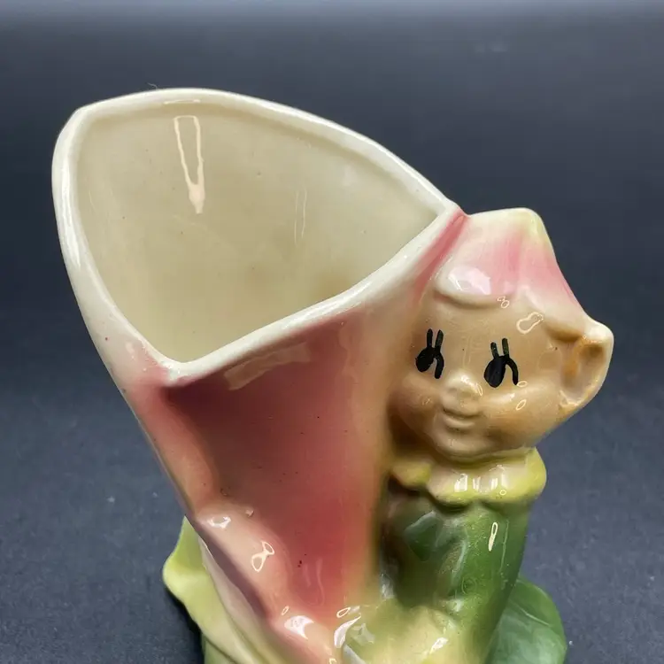 Shawnee Pottery Elf Pixie Fairy Planter Vase Pink Flower Calla Lily VTG Kitsch