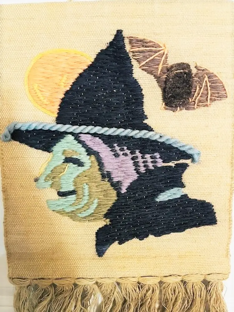 Vintage Halloween Witch Macrame Wall Hanging One of a Kind Witch and Owl | Vintage Halloween Wall Macrame Wall Art Yarn Art Retro Boho Art