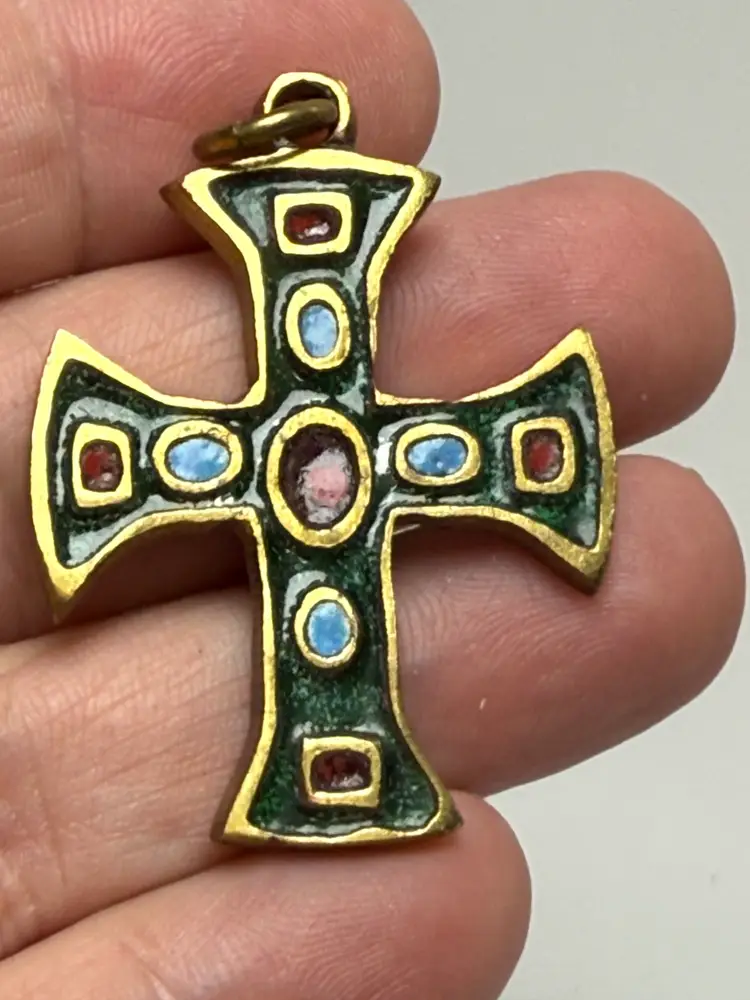 Vintage 2" Brass Colored Enamel Byzantine Style Heraldic Cross Pendant Jewel