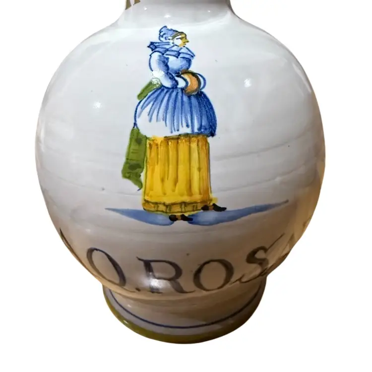 Tin Glazed collectible, vintage hand-painted pottery apothecary jar or bottle, likely originating from Italy or Holland
