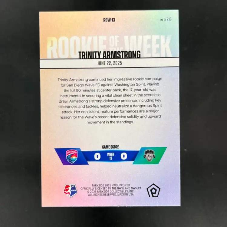 Trinity Armstrong 2025 NWSL Parkside Pronto Rookie Of The Week Subscriber Exclusive /210 Soccer Card #ROW13