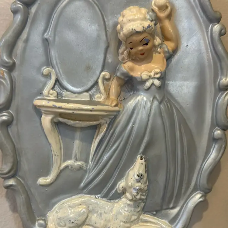 1950S Hand-Painted Chalk ware Girl With A Dog Wall Plaque