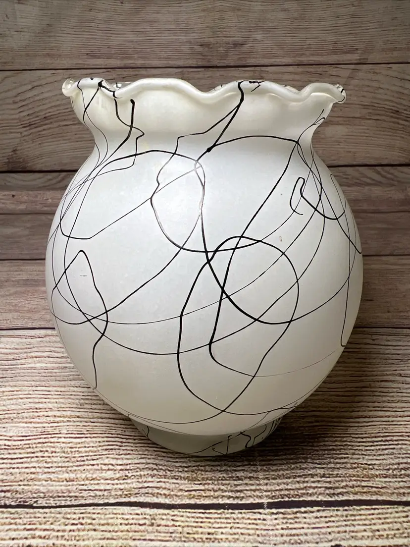 Vtg 50s Hazel Atlas White Glass Black Drizzle Spaghetti String Vase Bowl 5.5x3.5